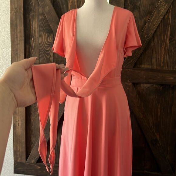 Satin V Neck Ruffle Short Sleeve Tie Front High Waist Midi A-Line Long D… - Picture 8 of 13